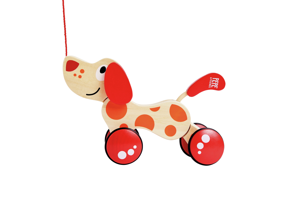 Hape Walk-A-Long Puppy E0347, houten trekhond met rode oren en wielen.