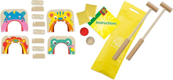 SES Creative croquet en pittenzak gooien: houten dierenpoortjes, sticks, ballen en tas.
