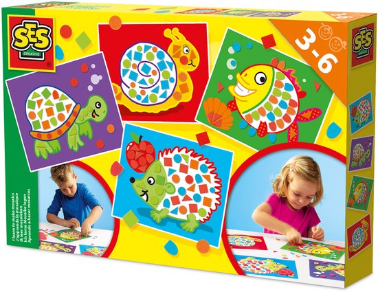 Doos SES Ik leer mozaïeken met vier dierenkaarten en gekleurde vormstickers.