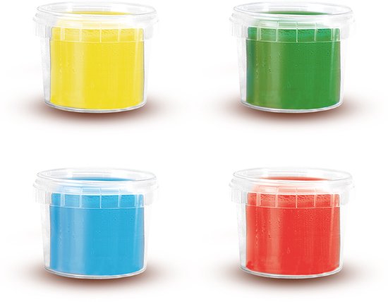 Vier potjes SES Creative klei in geel, groen, blauw en rood.